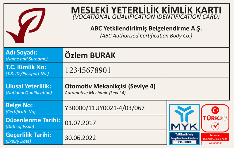MYK Kimlik Kartı Örneği