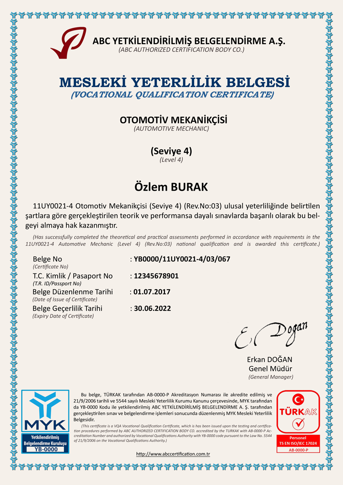 Sakarya MYK Belge Örneği